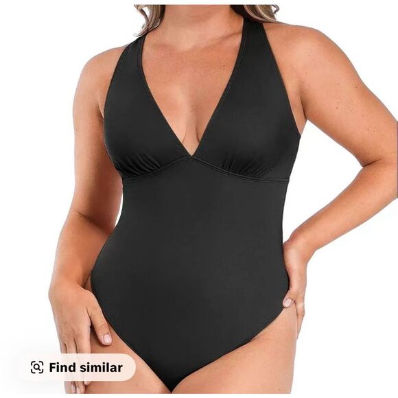 Shapellx Sculpt Ruched Plunge Shaping Tummy Control Swimsuit Black - Picture 1 of 7